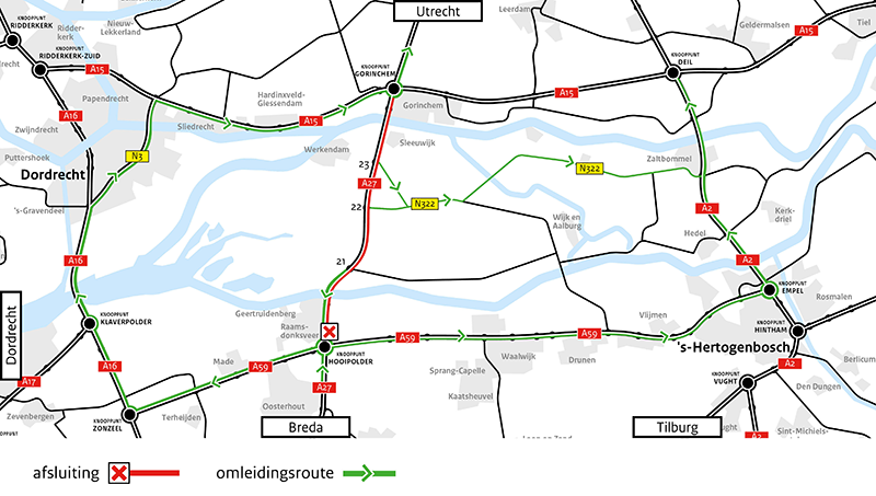 Omleidingskaart met daarop aangegeven de afsluiting tussen knooppunt Hooipolder en knooppunt Gorinchem en de omleidingsroute.